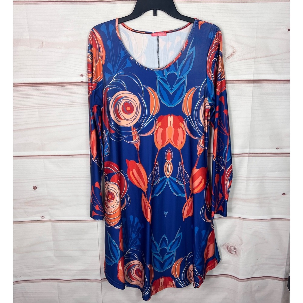 Simply Aster Dress Women M Blue Floral Artsy Print Swing Long Sleeve Pocket Knit